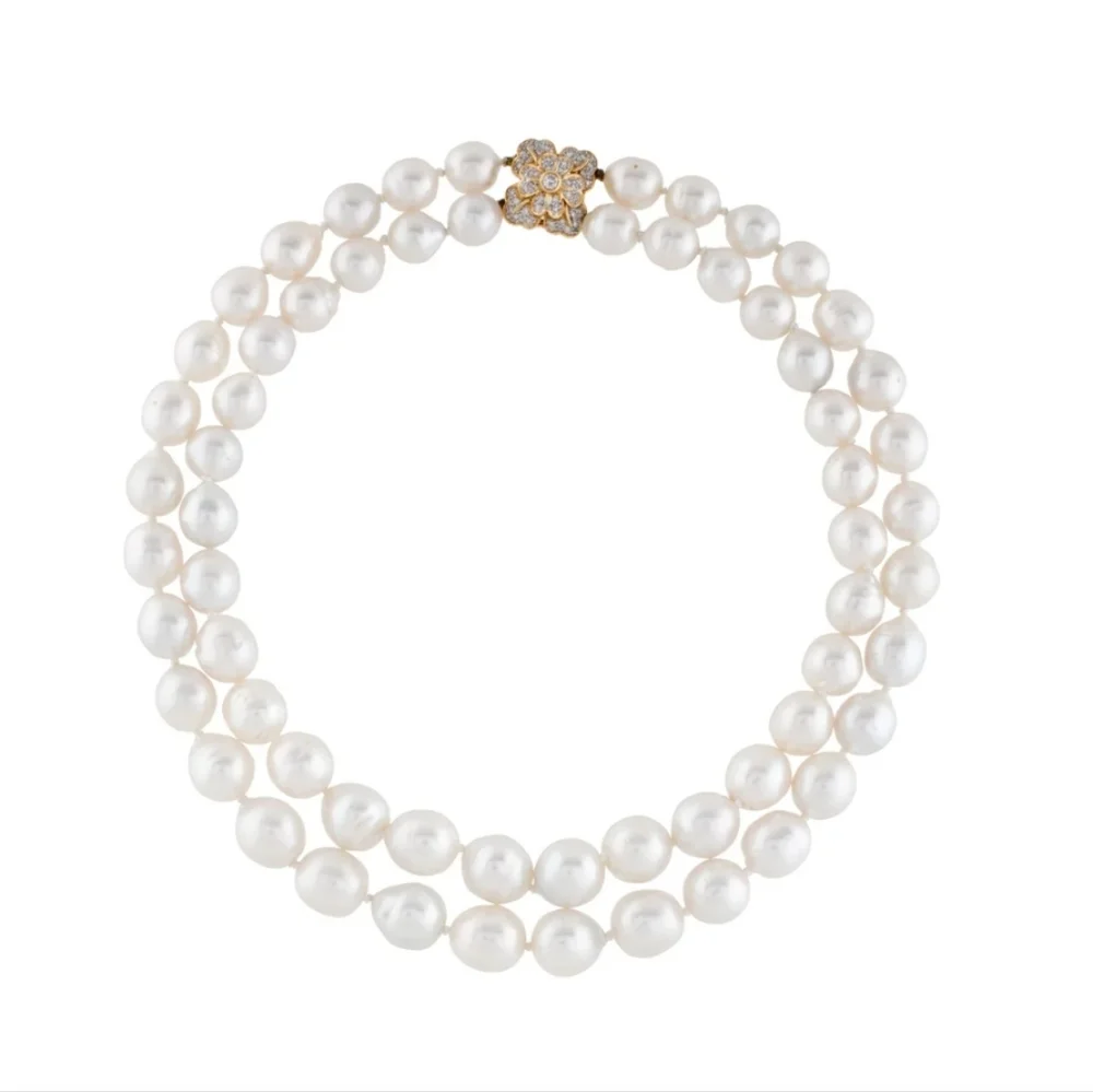 White Pearl Duble Strand Alhambra Flower Diamond Necklace Ven Cliff Style - Picture 5 of 6
